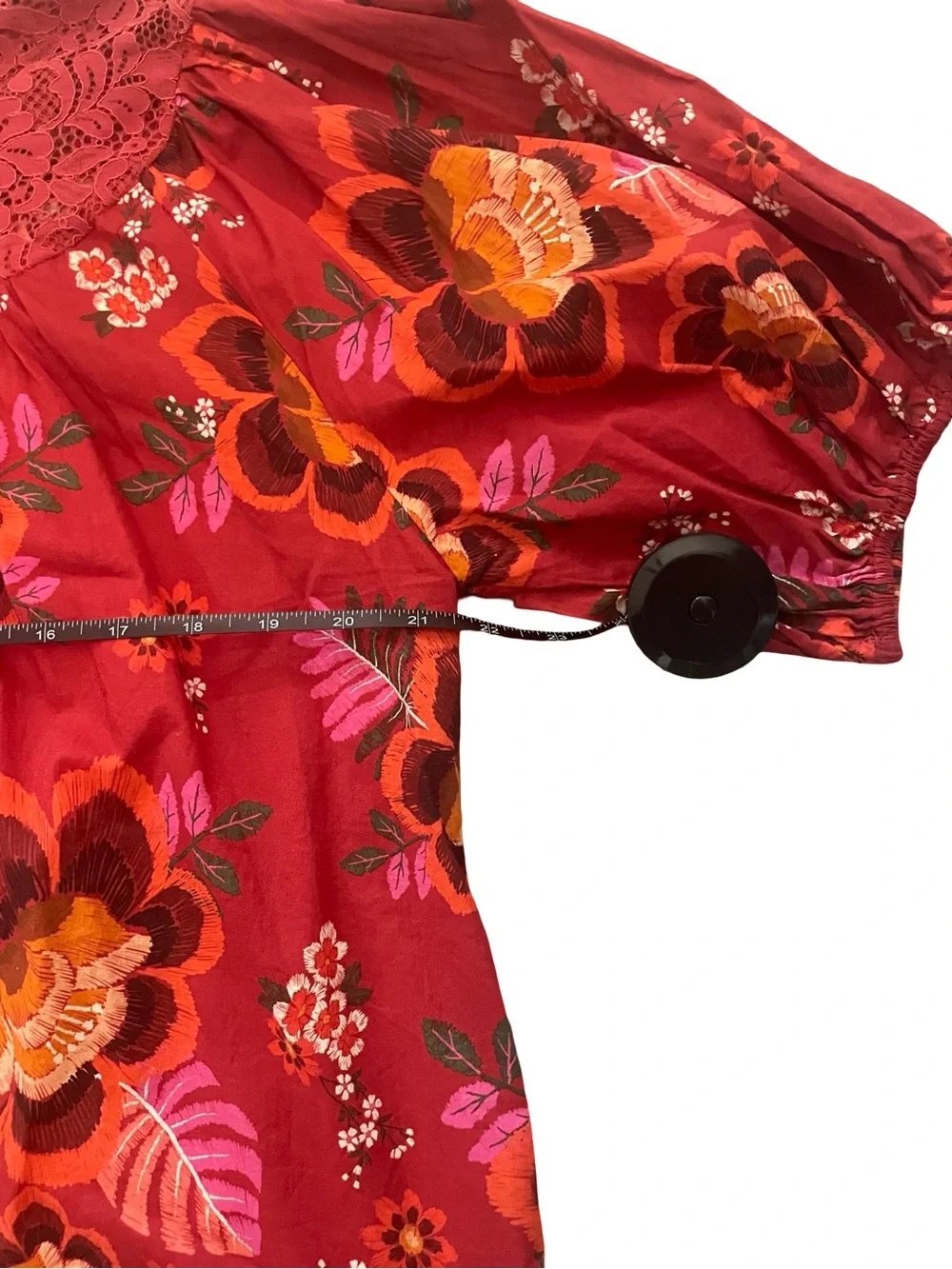 Anthropologie FARM Rio Giustina Lace Floral Cotton Blouse XL Red Puff Sleeve